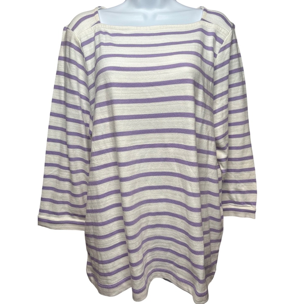 J. JILL Womens Purple White Striped Square Neck Top Sz L Preppy Casual Nautical